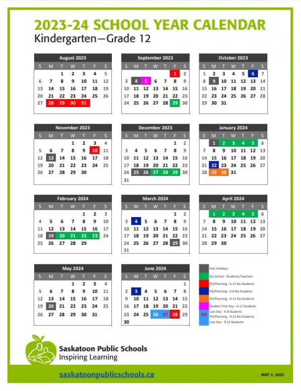 20232024 School calendars for Saskatoon