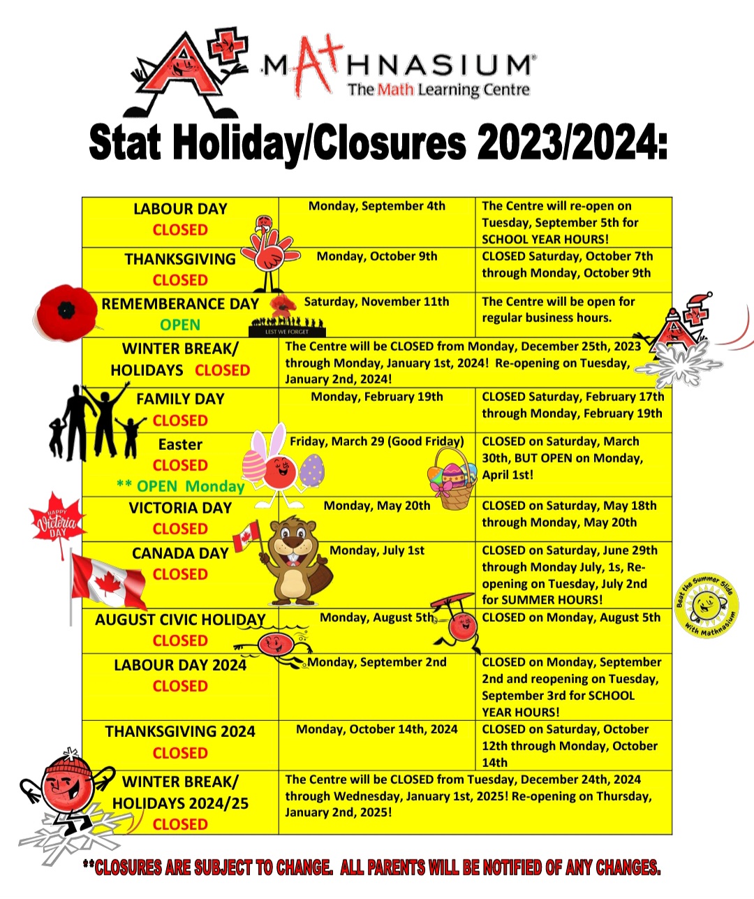 2023/24 Stat Holiday/Closures