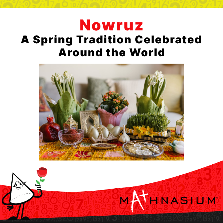 Featured image for a blog about Nowruz: A festive Haft-Seen table display with spring flowers, sprouted greens (sabzeh), decorated eggs, apples, garlic, coins, and traditional dishes arranged on a colorful tablecloth. The text reads “Nowruz – A Spring Tradition Celebrated Around the World,” highlighting global celebrations, renewal, and cultural heritage.