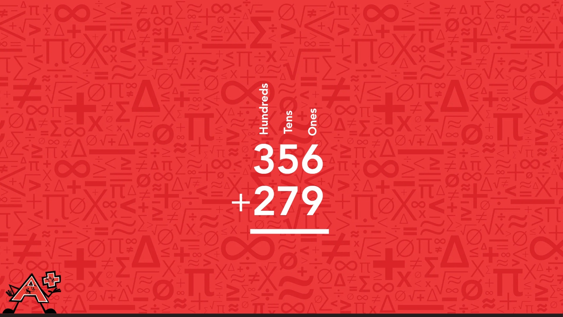 A red background displaying numbers and symbols illustrating the first step of the column addition method.