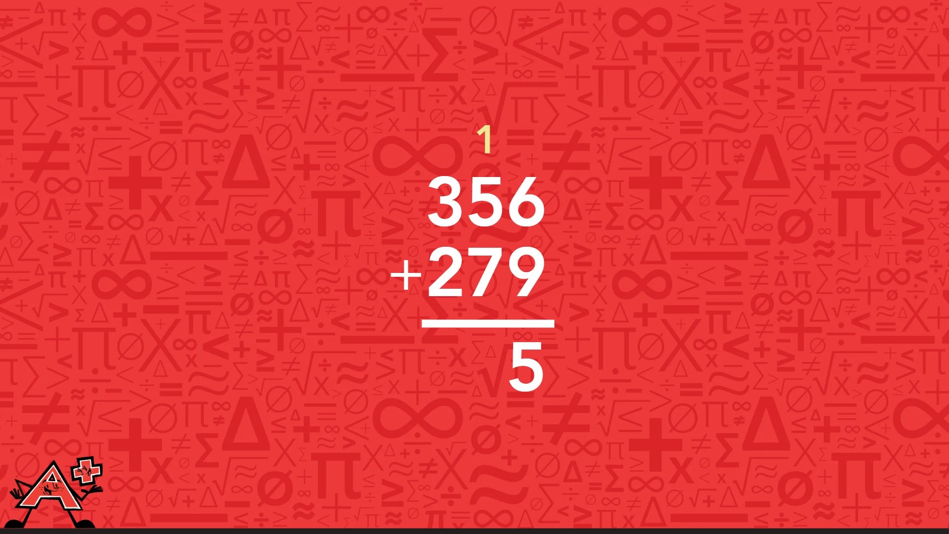 A red background displaying numbers and symbols illustrating the second step of the column addition method.