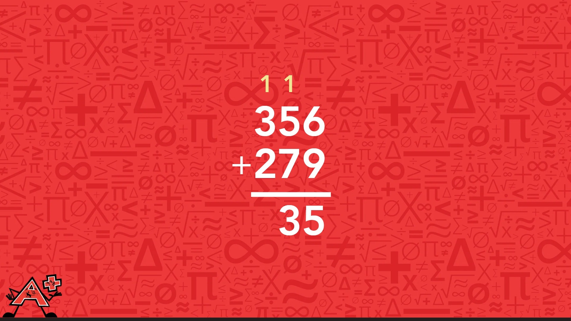 A red background displaying numbers and symbols illustrating the third step of the column addition method.