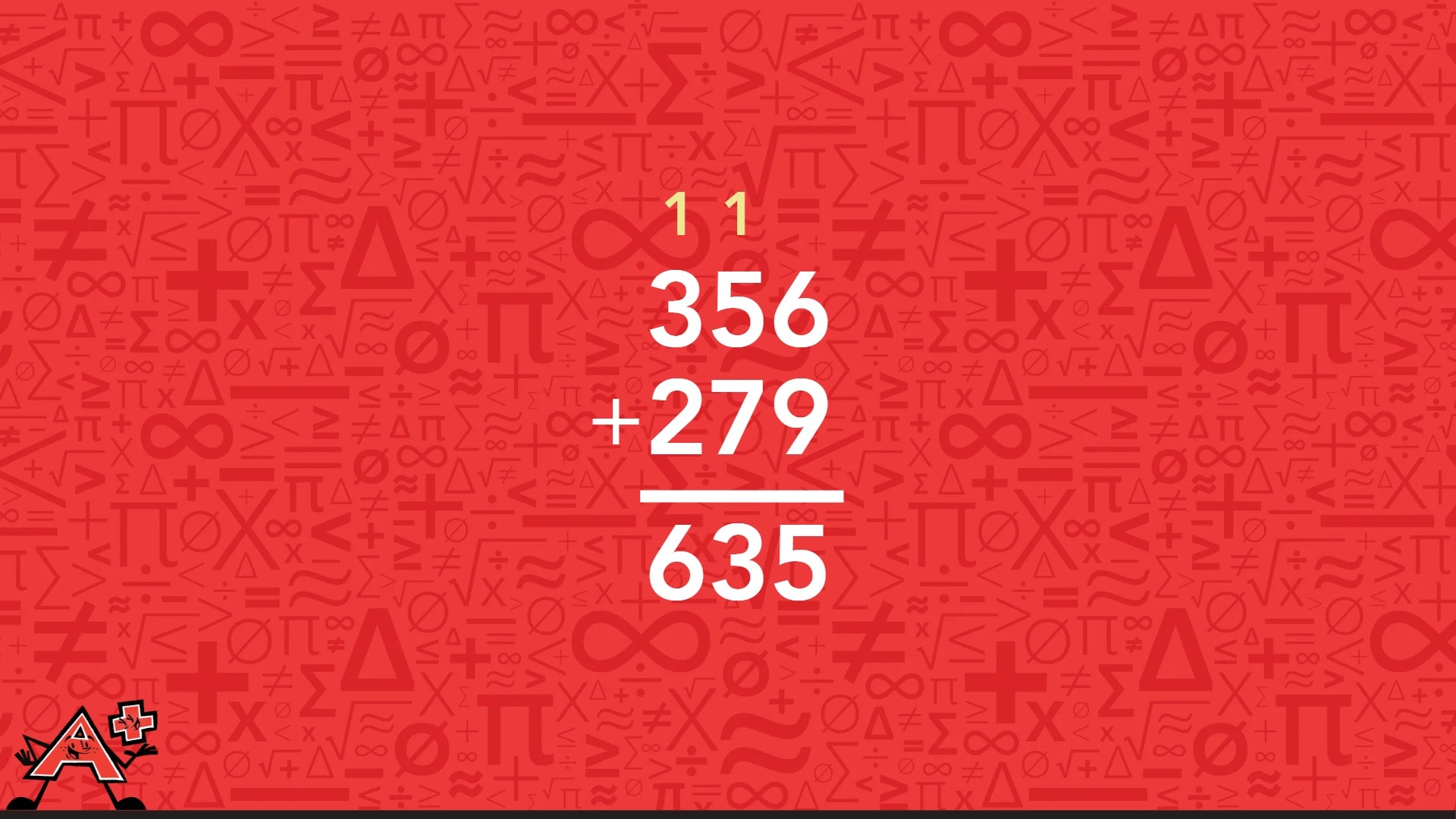 A red background displaying numbers and symbols illustrating the fourth step of the column addition method.