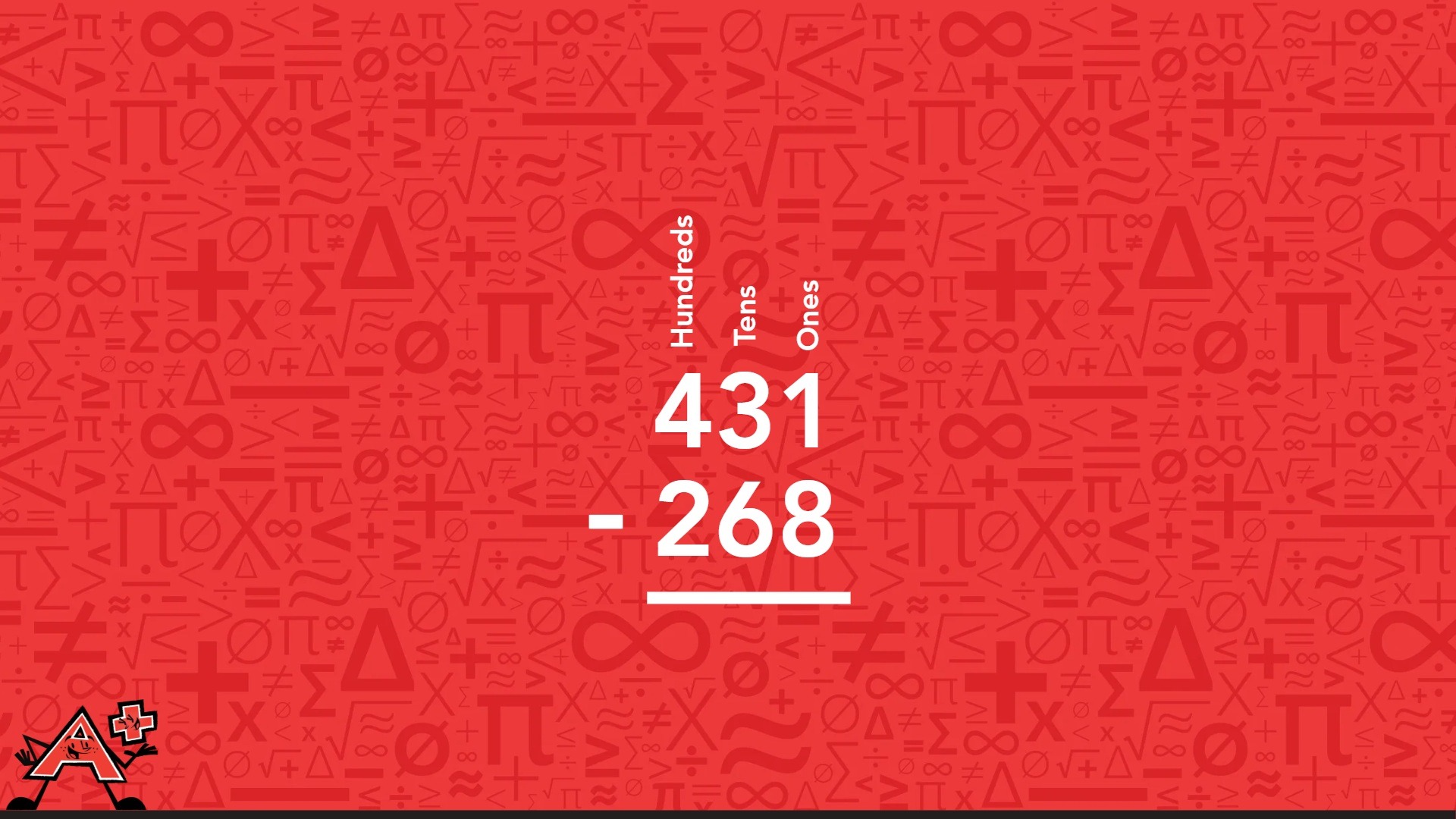 A red background displaying numbers and symbols illustrating the first step of the column subtraction method.