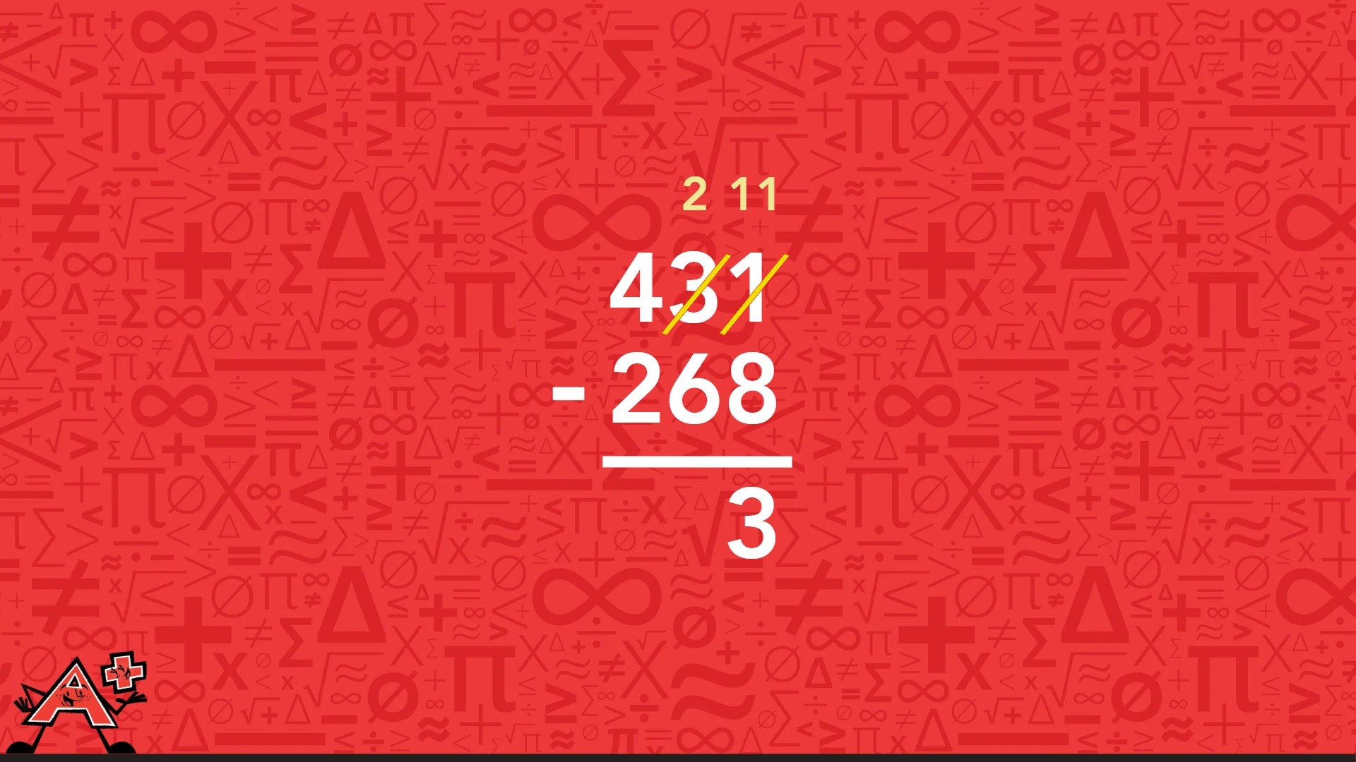 A red background displaying numbers and symbols illustrating the second step of the column subtraction method.