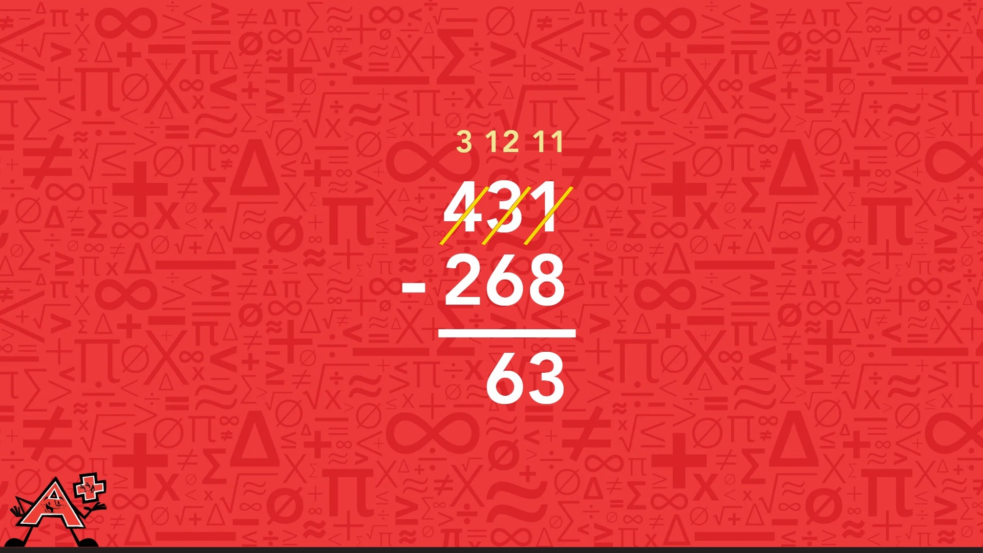 A red background displaying numbers and symbols illustrating the third step of the column subtraction method.