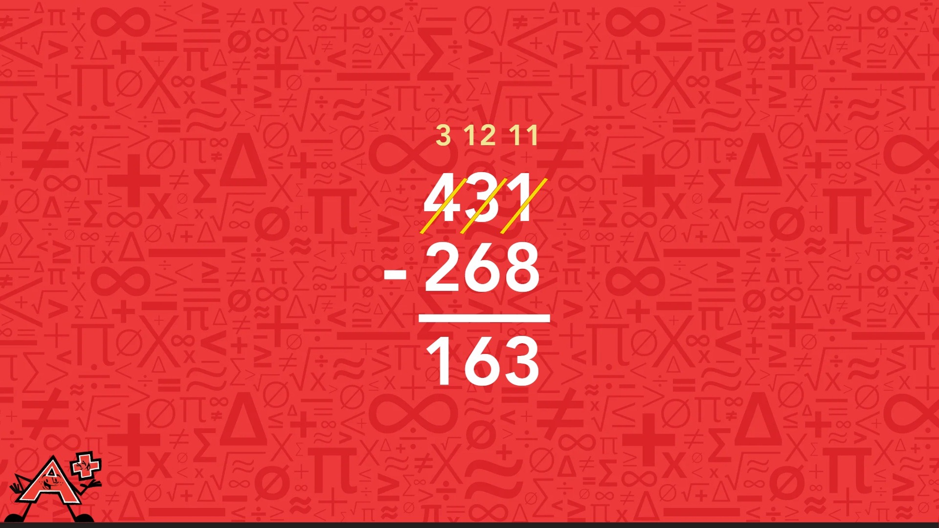 A red background displaying numbers and symbols illustrating the fourth step of the column subtraction method.