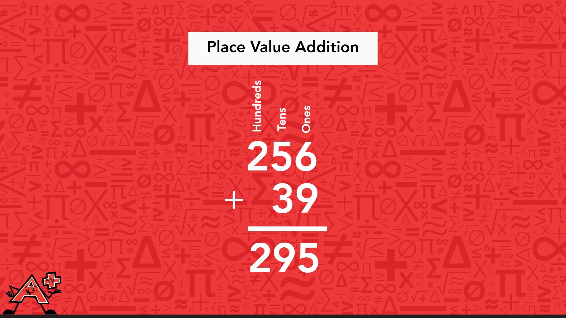 A red background displaying numbers and symbols illustrating the place value addition.