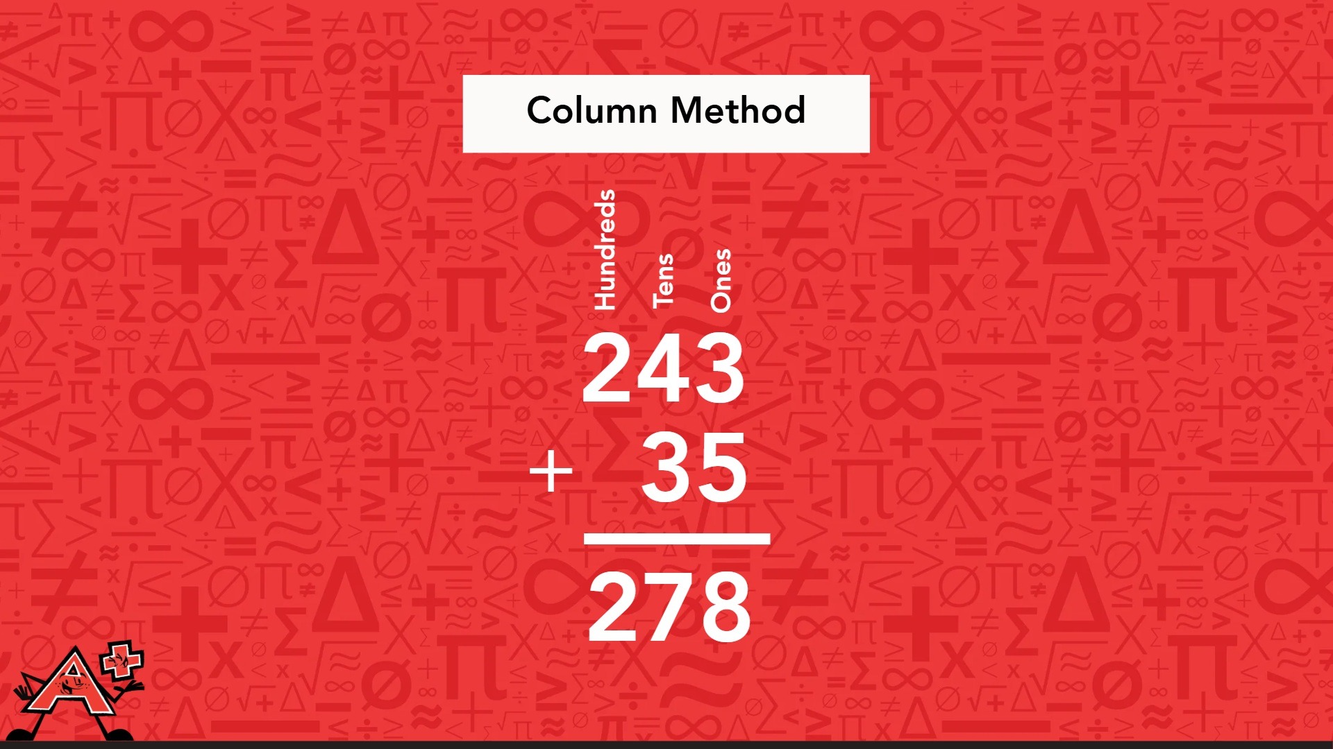 Column method illustration for adding 243 and 35, displayed on a red background.