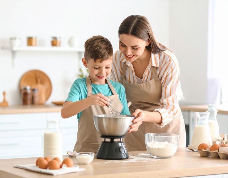 A woman and a child are joyfully baking cookies together in a bright kitchen, surrounded by ingredients and utensils.