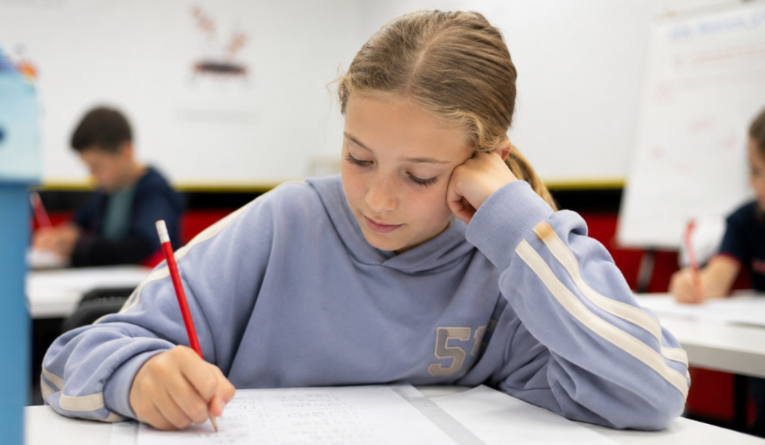 A girl writes in a notebook at her desk, surrounded by classmates engaged in a classroom setting.
