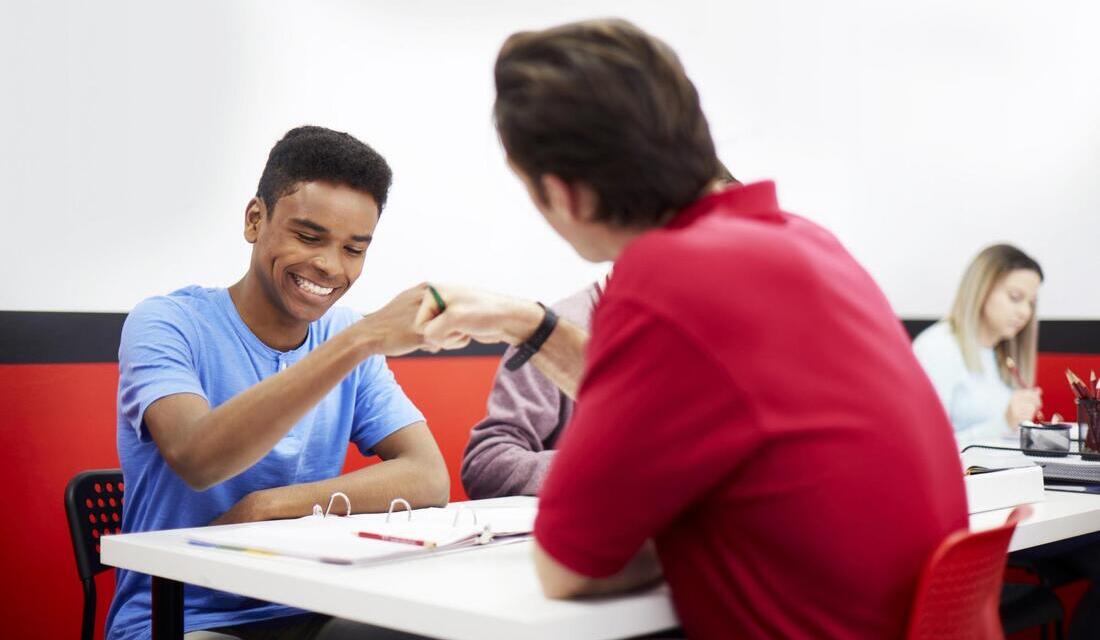 A tutor and a student at a table, shaking hands, representing a positive interaction between them.