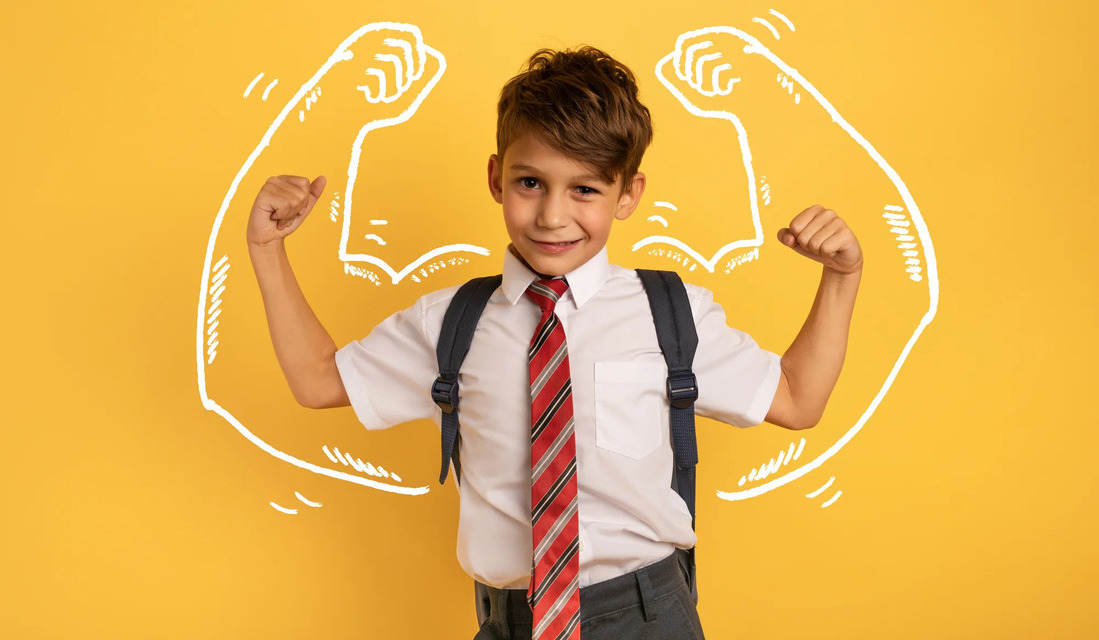 A boy wearing a tie and shirt enthusiastically raises his arms during a math tutoring session with peers.