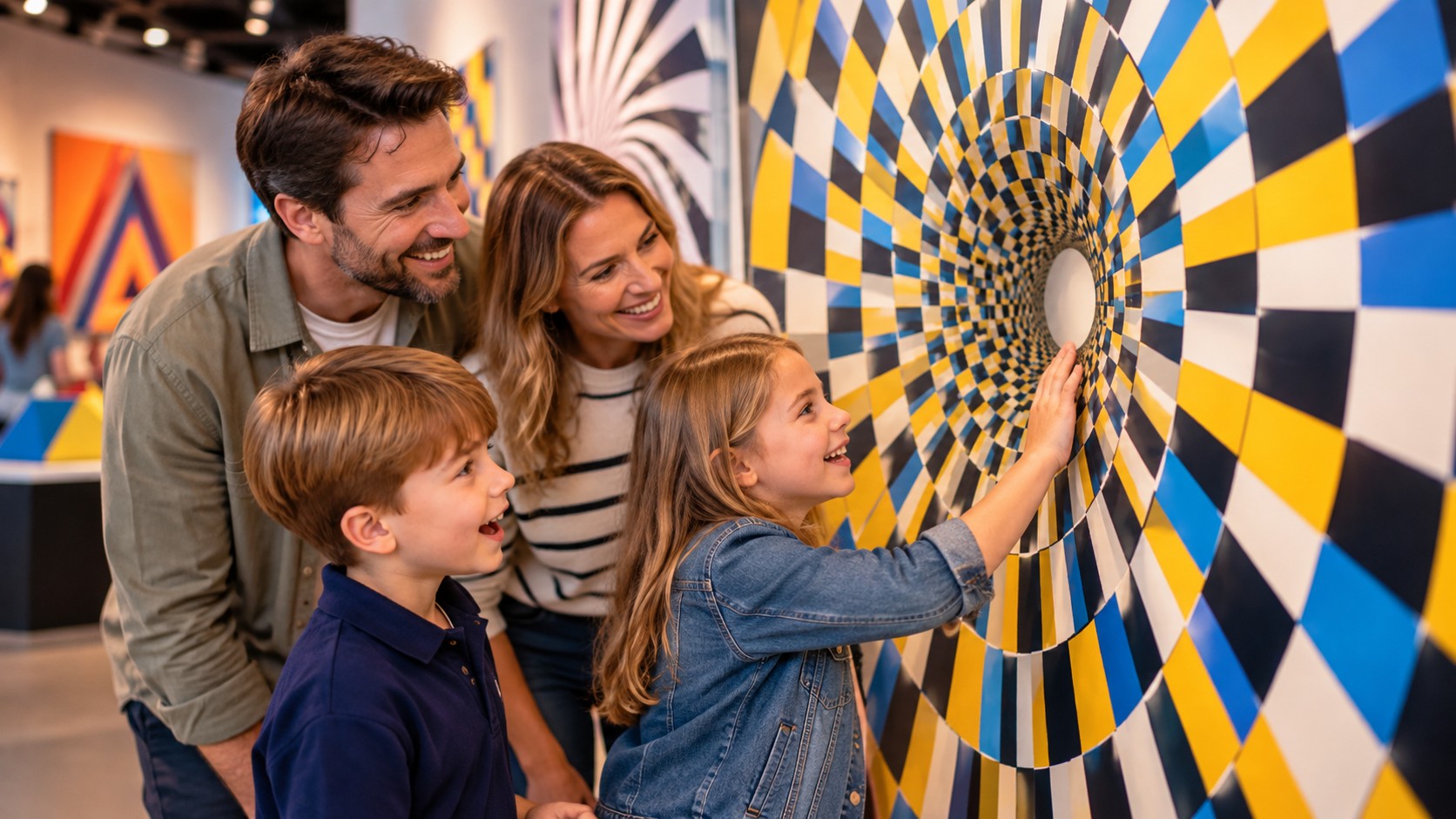 family looking at an optical illusion wall exhibit, illustrating the maths behind visual illusions
